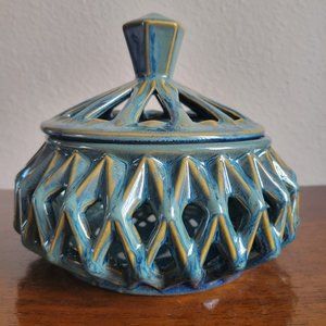 Vintage THREE HANDS jar with lid, blue ceramic with beige accents